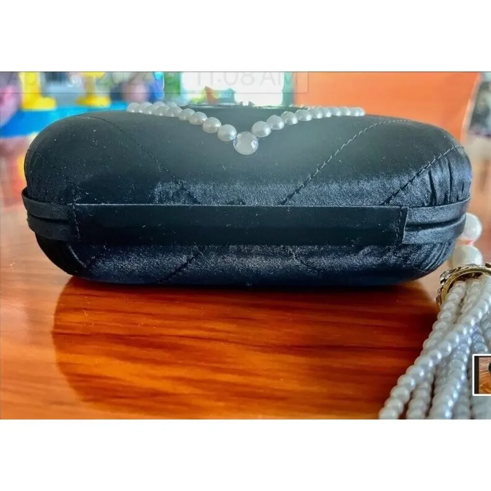 Chanel Vintage Women's Evening Purse Satin/Leather Pearl Embellished A+